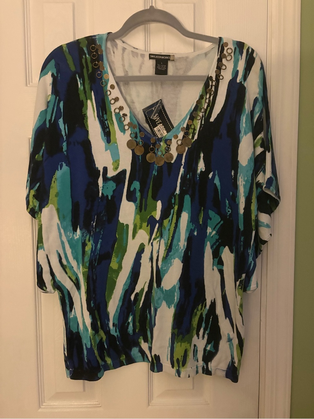 Sweaterworks Blue, Navy, Green & White Abstract V-Neck Tunic with Coin Detail.